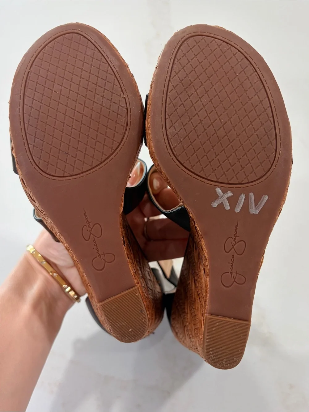 Jessica Simpson Black Crisscross Wedge Sandals with Woven Tan Platform
